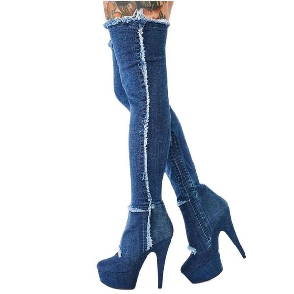 boots denim high platfrom thigh round toe thin heels cut outs women concise autume winter party dress shoes, Black
boots denim high platfrom thigh round toe thin heels cut outs women concise autume winter party dress shoes, Black