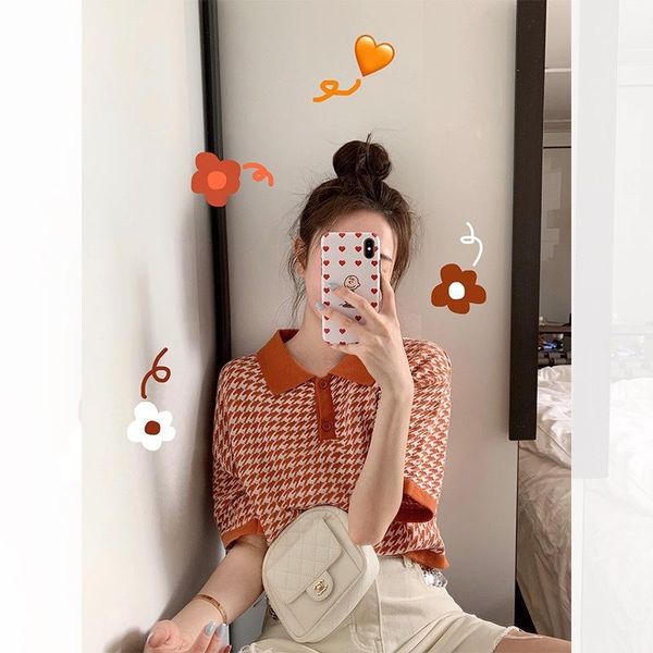 summer style girl guide short houndstooth knitted shirt sleeve women's t-shirt, White
