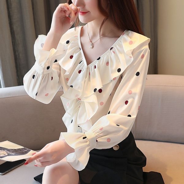 dress womens blouse loose polka dot chiffon long sleeve v-neck ruffle shirt blusa feminina, White
dress womens blouse loose polka dot chiffon long sleeve v-neck ruffle shirt blusa feminina, White