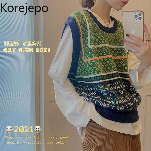 women's vests korejepo women sweater 2021 spring autumn ladies korean vintage temperament contrast color design versatile loose knitted, Black;white 
women's vests korejepo women sweater 2021 spring autumn ladies korean vintage temperament contrast color design versatile loose knitted, Black;white
