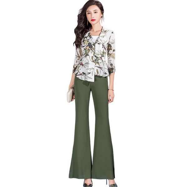 spring women suits print chiffon irregular hem green flared trousers ol 2 piece set women's two pants, White
spring women suits print chiffon irregular hem green flared trousers ol 2 piece set women's two pants, White