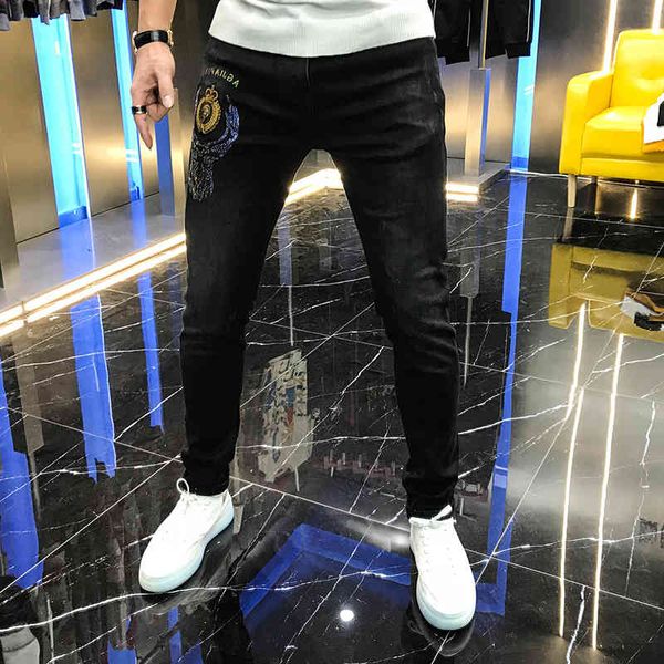 jean autumn brim from custom men fashion metal embroidered black elastic suit simple leggings youth pants, Blue
jean autumn brim from custom men fashion metal embroidered black elastic suit simple leggings youth pants, Blue