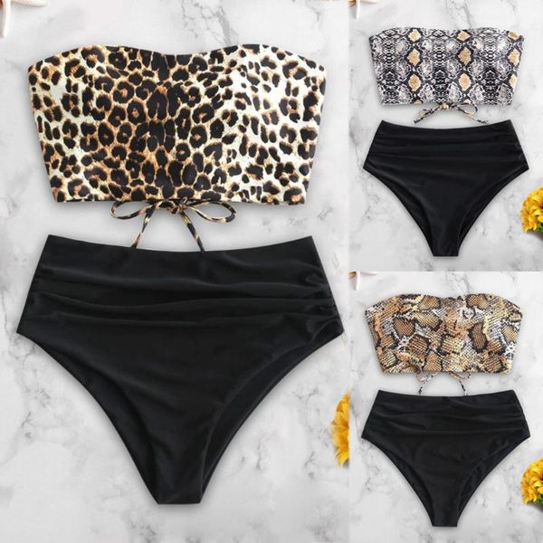 women's swimwear 2021 bikini set women bandeau female leopard print strappy swimsuit off shoulder bathing suit solid beach wear, White;black
women's swimwear 2021 bikini set women bandeau female leopard print strappy swimsuit off shoulder bathing suit solid beach wear, White;black