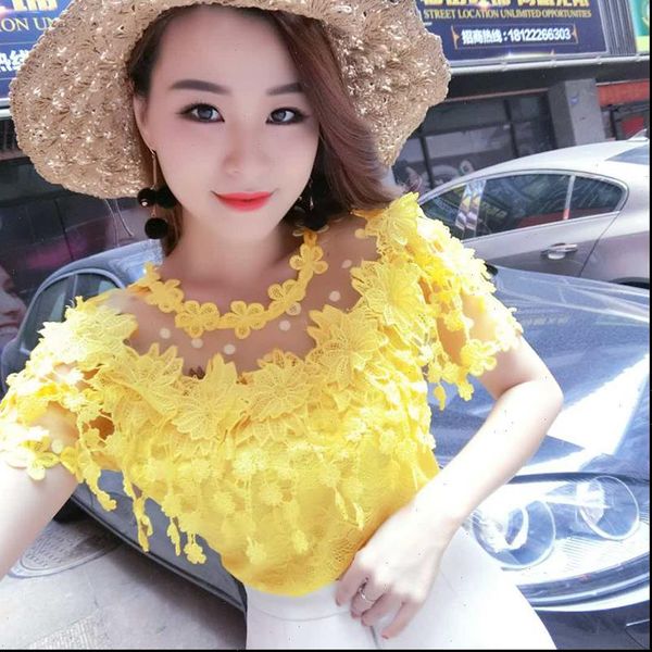 women shirt spring summer floral womens short sleeve crocheted hollow out fashion white lace bottom yellow black 602i3
women shirt spring summer floral womens short sleeve crocheted hollow out fashion white lace bottom yellow black 602i3