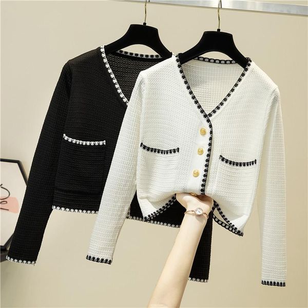 women's knits & tees short paragraph v-neck long-sleeved t-shirt knitted coat cardigan thin section aristocratic temperament slim, White
women's knits & tees short paragraph v-neck long-sleeved t-shirt knitted coat cardigan thin section aristocratic temperament slim, White