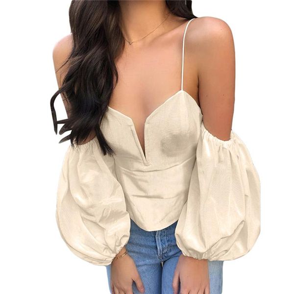 women's t-shirt 2021 women off shoulder v neck crop sling lantern sleeve bustier tight t shirt fashion, White
women's t-shirt 2021 women off shoulder v neck crop sling lantern sleeve bustier tight t shirt fashion, White