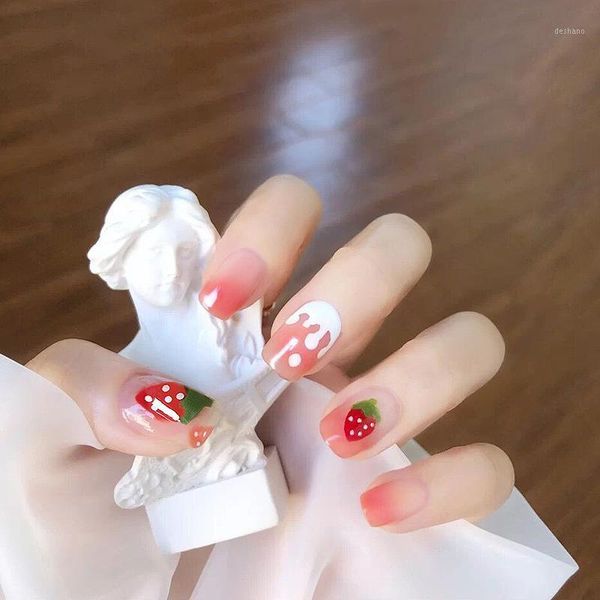 24pcs/box fake short nails with glue round head finished manicure patches strawberry press on designs1, Red;gold
24pcs/box fake short nails with glue round head finished manicure patches strawberry press on designs1, Red;gold