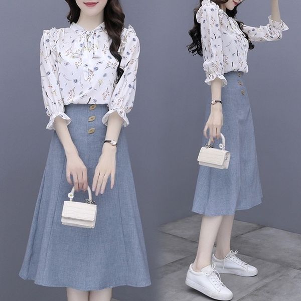 llzacoosh summer 2 piece set women's ruffles bow-knot print shirt blouse +high waist solid a line skirt suit 210514, White
llzacoosh summer 2 piece set women's ruffles bow-knot print shirt blouse +high waist solid a line skirt suit 210514, White