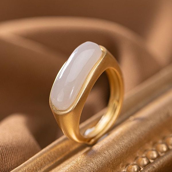 cluster rings natural open 925 sterling silver gilded inlaid hetian jade white retro for women temperament, Golden;silver 
cluster rings natural open 925 sterling silver gilded inlaid hetian jade white retro for women temperament, Golden;silver