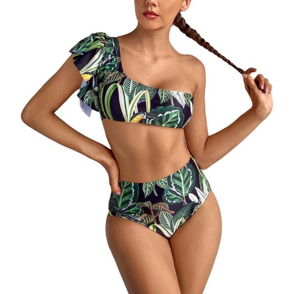women's swimwear vacation style printed bikini suit ruffled single shoulder bustier high waist triangle bottoms swimsuit, White;black
women's swimwear vacation style printed bikini suit ruffled single shoulder bustier high waist triangle bottoms swimsuit, White;black
