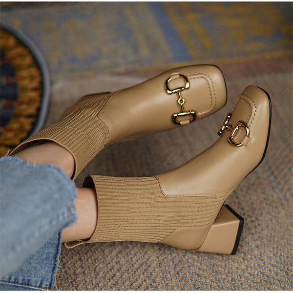 boots women genuine leather sock high heel shoes metal decoration slip on square toe ladies ankle autumn winter 40, Black
boots women genuine leather sock high heel shoes metal decoration slip on square toe ladies ankle autumn winter 40, Black