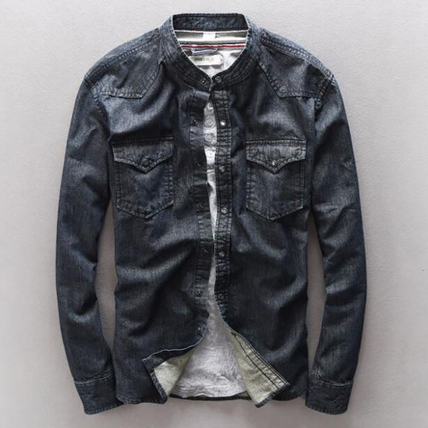 men's casual shirts fashion cotton denim brand clothing mandarin collar mens retro washing dark slim fit men gnfk, White;black
men's casual shirts fashion cotton denim brand clothing mandarin collar mens retro washing dark slim fit men gnfk, White;black