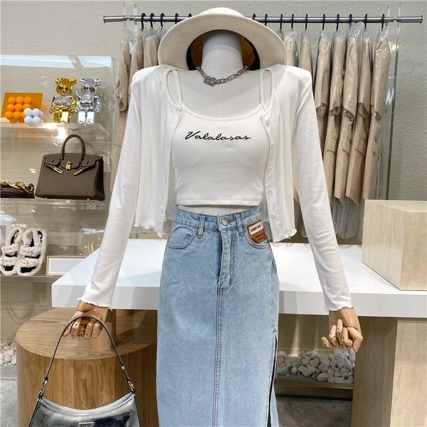 women's t-shirt embroidered letters with chest pad and navel sling+single-breasted long sleeve jacket shoulder pads cardigan two-piece, White
women's t-shirt embroidered letters with chest pad and navel sling+single-breasted long sleeve jacket shoulder pads cardigan two-piece, White