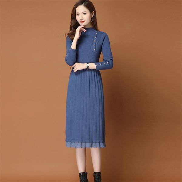 lace patchwork half turtleneck long sleeve knitted dress women stretch a-line es elegant knee-length lady knitwear 210522, Black;gray
lace patchwork half turtleneck long sleeve knitted dress women stretch a-line es elegant knee-length lady knitwear 210522, Black;gray