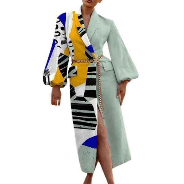 women's wool & blends lantern sleeve abstract print patchwork women coat lapel open front long warm woolen outwear, Black
women's wool & blends lantern sleeve abstract print patchwork women coat lapel open front long warm woolen outwear, Black