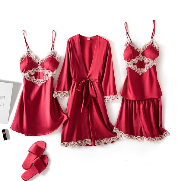 women's sleepwear casual sleep suit soft satin 4pcs pajamas set for women lace kimono bathrobe gown silky intimate lingerie with p, Black;red
women's sleepwear casual sleep suit soft satin 4pcs pajamas set for women lace kimono bathrobe gown silky intimate lingerie with p, Black;red