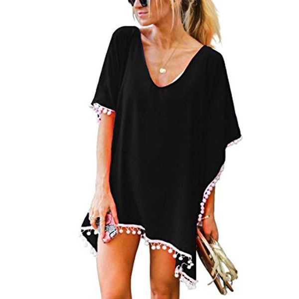 women's swimwear beach cover-ups chiffon loose bikini cover up solid fringed edge beachwear dress summer woman clothing, White;black
women's swimwear beach cover-ups chiffon loose bikini cover up solid fringed edge beachwear dress summer woman clothing, White;black