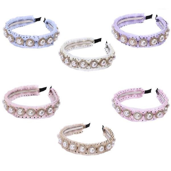 women ruffles polka dot lace hair hoop big pearl rhinestone jewelry headband1