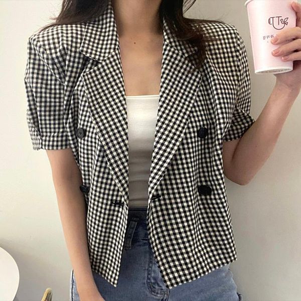 women's jackets 2021 summer plaid turn-down collar double breasted women coats korean chic puff sleeve elegant ol coat, Black;brown
women's jackets 2021 summer plaid turn-down collar double breasted women coats korean chic puff sleeve elegant ol coat, Black;brown