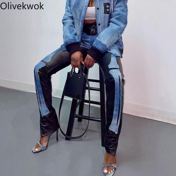 women's pants & capris olivekwok faux leather patchwork denim pencil fashion solid casual hight waist streetwear skinny autumn trousers, Black;white
women's pants & capris olivekwok faux leather patchwork denim pencil fashion solid casual hight waist streetwear skinny autumn trousers, Black;white