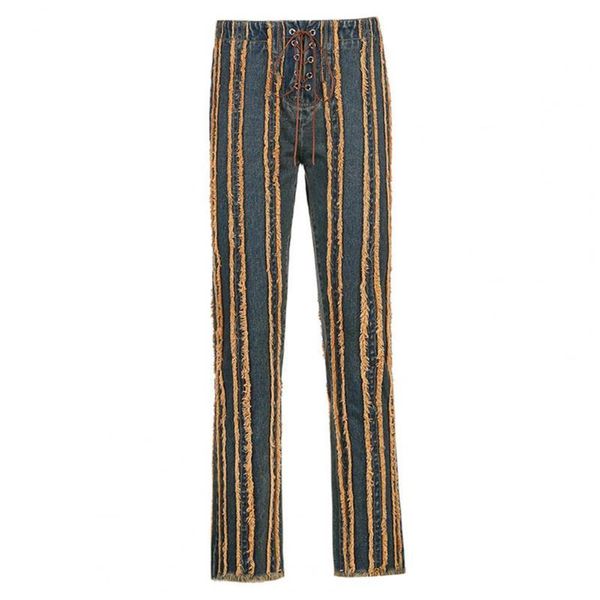 women's jeans women selvedge denim fashion lace up straight pants rough stripes trousers for street 2021, Blue
women's jeans women selvedge denim fashion lace up straight pants rough stripes trousers for street 2021, Blue