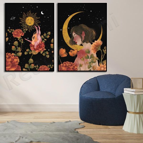 paintings floral poster printing, gallery wall set, witch decoration poster, celestial body, stars, moon, magical sun