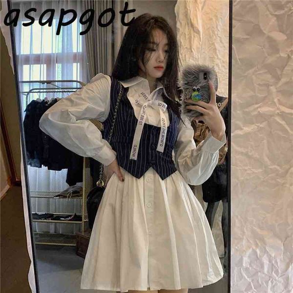chic casual white bow puff long sleeve turn down collar shirt dress mini with blazer vest vintage fashion 2piece set korean wild 210407
chic casual white bow puff long sleeve turn down collar shirt dress mini with blazer vest vintage fashion 2piece set korean wild 210407