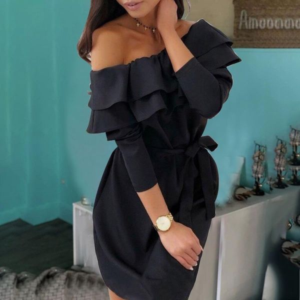 casual dresses women off shoulder ruffle dress lady spring autumn long sleeve mini elegant solid party with belt, Black;gray
casual dresses women off shoulder ruffle dress lady spring autumn long sleeve mini elegant solid party with belt, Black;gray