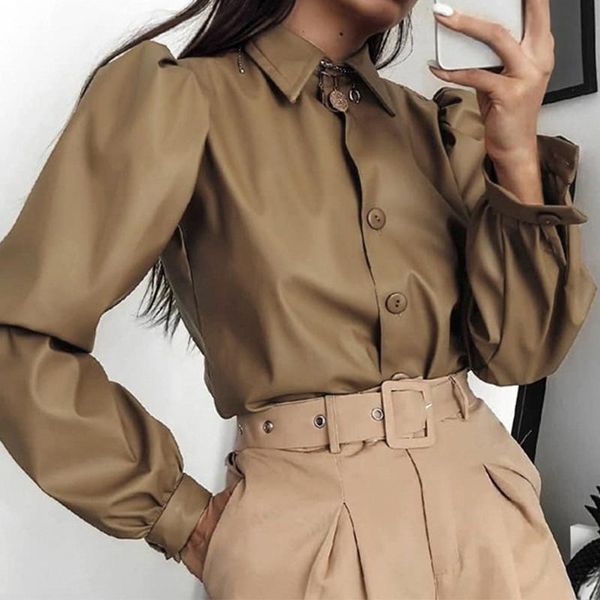 street women blouse matte button front lapel neck shopping pu leather fashion casual puff sleeve solid party loose women's blouses & s, White
street women blouse matte button front lapel neck shopping pu leather fashion casual puff sleeve solid party loose women's blouses & s, White