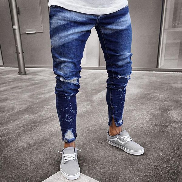 men's jeans ripped men slim knee hole print stretch skinny distressed hombre fashion ankle zipper denim pencil pants streetwear, Blue
men's jeans ripped men slim knee hole print stretch skinny distressed hombre fashion ankle zipper denim pencil pants streetwear, Blue