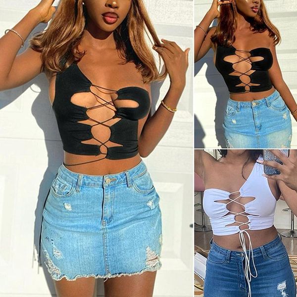 women's tanks & camis fashion front chest bandage solid color one shoulder tank top, White
women's tanks & camis fashion front chest bandage solid color one shoulder tank top, White