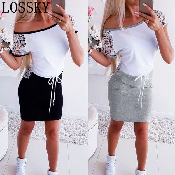 women summer mini dress short sleeve lace patchwork off shoulder bodycon slim ladies party vestidos de verano 210520, Black;gray
women summer mini dress short sleeve lace patchwork off shoulder bodycon slim ladies party vestidos de verano 210520, Black;gray