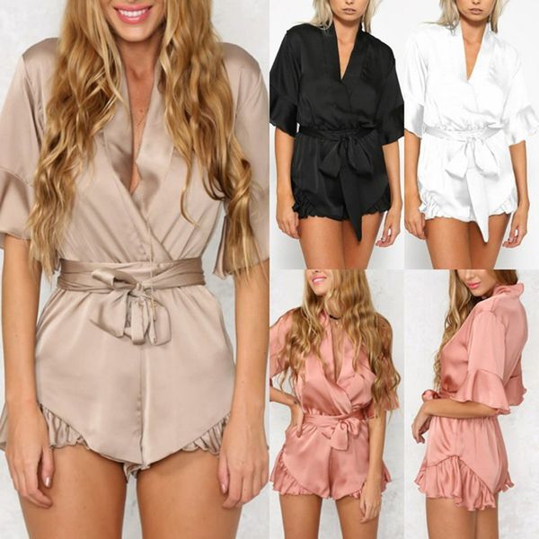 women's short v-neck flounce belt jumpsuit summer comfort shorts, Black;white