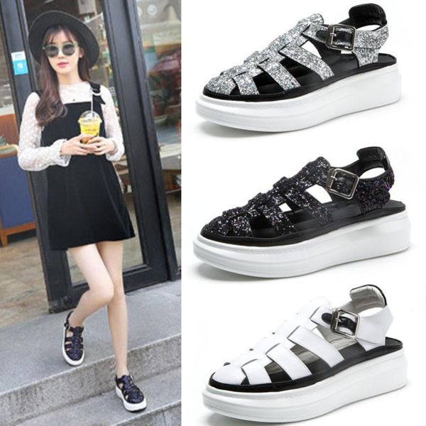 sandals 2021 summer cowhide leather single shoes hollow rome sequins thick bottom student women, Black
sandals 2021 summer cowhide leather single shoes hollow rome sequins thick bottom student women, Black
