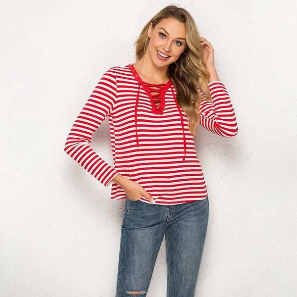 women's t-shirt t shirts for women striped long sleeve deep v neck bandage lace up black tee shirt femme, White
women's t-shirt t shirts for women striped long sleeve deep v neck bandage lace up black tee shirt femme, White