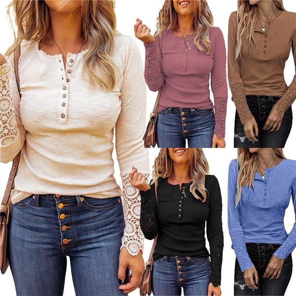 women's t-shirt long lace sleeve button stitching womens casual fashion solid color round neck slim fit office ladies, White
women's t-shirt long lace sleeve button stitching womens casual fashion solid color round neck slim fit office ladies, White