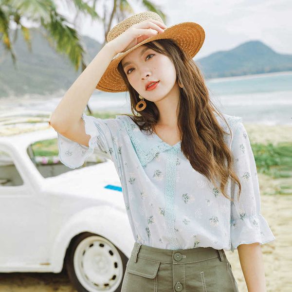 women's blouses & shirts blouses summer holiday sweet art doll style collar flower print shivering cute blouse 4x7p, White
women's blouses & shirts blouses summer holiday sweet art doll style collar flower print shivering cute blouse 4x7p, White