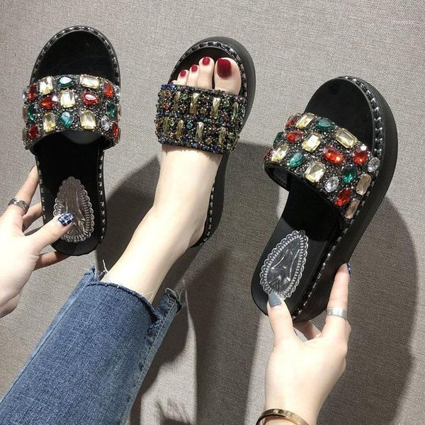 women slippers glittering gemstone beach 6cm platform high heel sandals 2021 summer shoes1, Black
women slippers glittering gemstone beach 6cm platform high heel sandals 2021 summer shoes1, Black