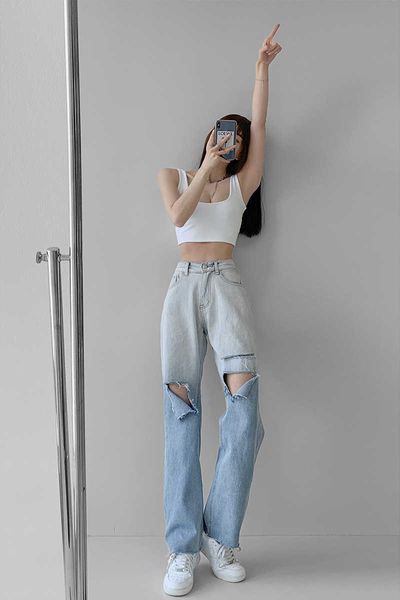 thin high waist straight jeans women's 2021 summer korean version gradient hole loose pants trend, Blue
thin high waist straight jeans women's 2021 summer korean version gradient hole loose pants trend, Blue