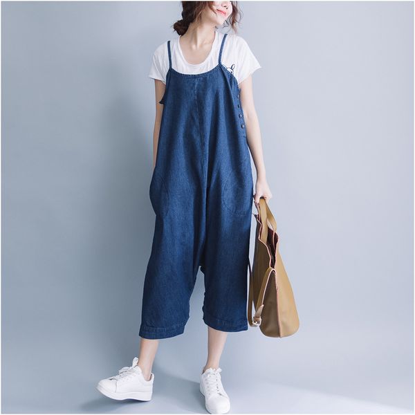 johnature denim loose sleeveless casual simple spaghetti strap pockets button summer large size jeans es, Black;gray
johnature denim loose sleeveless casual simple spaghetti strap pockets button summer large size jeans es, Black;gray