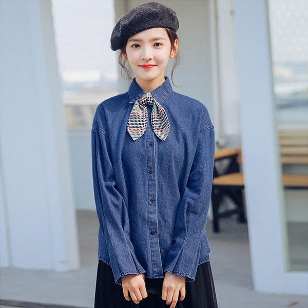 women's blouses & shirts autunm women denim blouse loose collar small tie long sleeve shirt cowboy girl pure color female camisas de mu, White
women's blouses & shirts autunm women denim blouse loose collar small tie long sleeve shirt cowboy girl pure color female camisas de mu, White