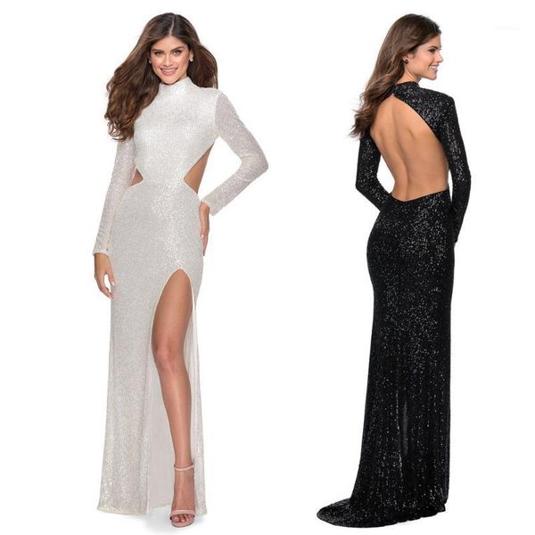 high neck long evening party dress silver sequined hollow out backless full sleeved autumn women's gown casual dresses, Black;gray
high neck long evening party dress silver sequined hollow out backless full sleeved autumn women's gown casual dresses, Black;gray