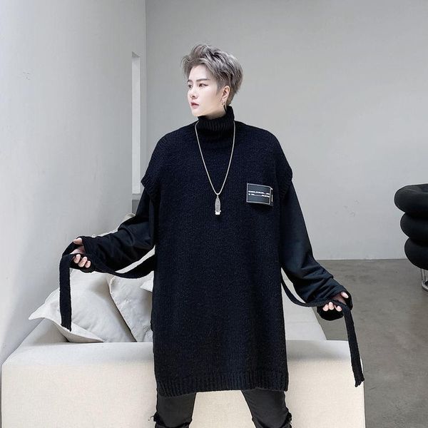 men's vests iefb /men's wear 2021 autumn and winter turtleneck ribbon labeling decoration male's knitted mid length sweater, Black;white 
men's vests iefb /men's wear 2021 autumn and winter turtleneck ribbon labeling decoration male's knitted mid length sweater, Black;white