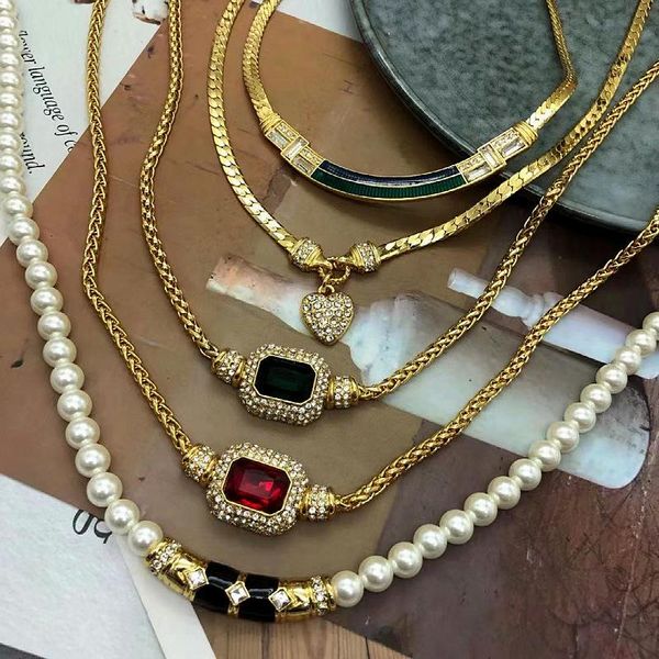 chains vintage western copper material plated real gold with red and green rhinestones drip glaze pearl necklace women's jewelry, Silver 
chains vintage western copper material plated real gold with red and green rhinestones drip glaze pearl necklace women's jewelry, Silver