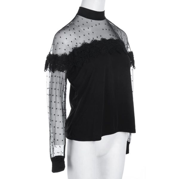 women's t-shirt long sleeve t-shirt, polka dot mesh patchwork solid color mock neck tee shirt, casual simple, White
women's t-shirt long sleeve t-shirt, polka dot mesh patchwork solid color mock neck tee shirt, casual simple, White