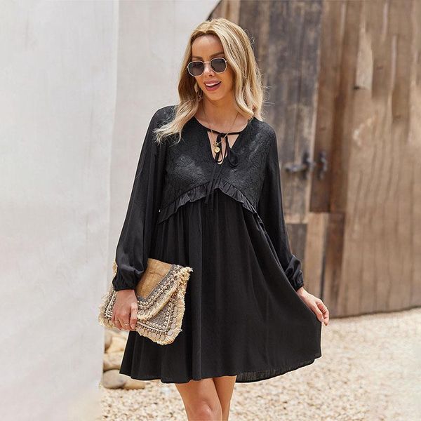 casual dresses women lace solid color v-neck dress autumn winter long sleeve splicing up ruffle loose knee party ladies, Black;gray
casual dresses women lace solid color v-neck dress autumn winter long sleeve splicing up ruffle loose knee party ladies, Black;gray