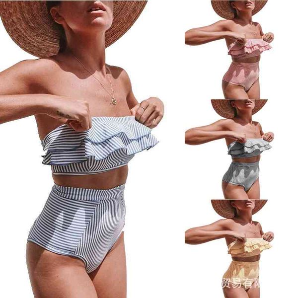 2021 women's split swimsuit irregular stripe ruffle high waist bikini swimsuit, White;black
2021 women's split swimsuit irregular stripe ruffle high waist bikini swimsuit, White;black