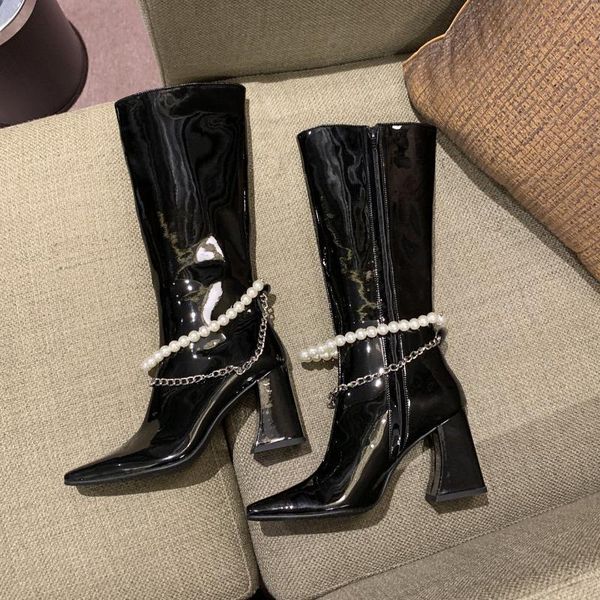 boots mid-calf women long square heel retro thick motorcycle black botas mujer with pearl decor
boots mid-calf women long square heel retro thick motorcycle black botas mujer with pearl decor