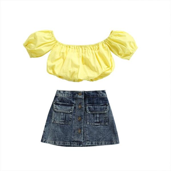 clothing sets 2pcs toddler girls summer clothes short sleeve off shoulder + button denim skirt set, White
clothing sets 2pcs toddler girls summer clothes short sleeve off shoulder + button denim skirt set, White