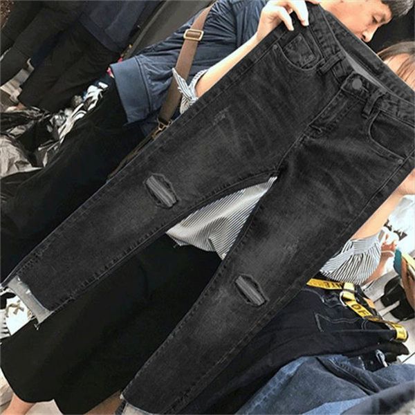 jeans large size clothing summer womens capri high waist stretch broken holes pantalones vaqueros mujer, Black;white 
jeans large size clothing summer womens capri high waist stretch broken holes pantalones vaqueros mujer, Black;white